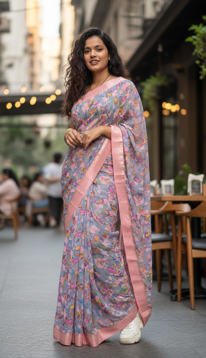 Pink Multicolor Printed Saree
