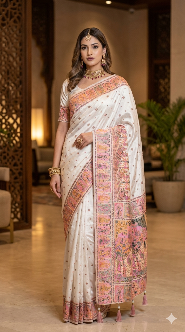 Off-White Mythological Weave Saree