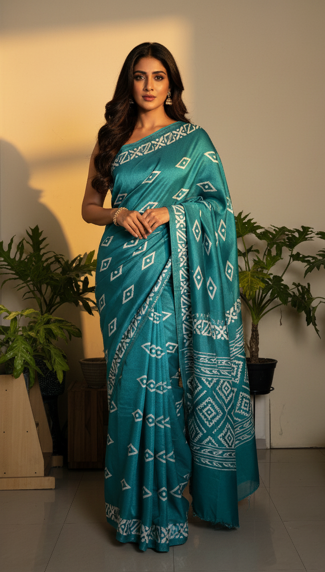 Teal Printed Dola Silk Corporate Saree
