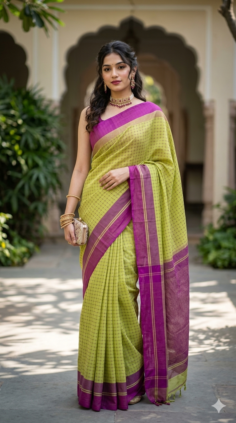 Lime & Plum Fusion Saree