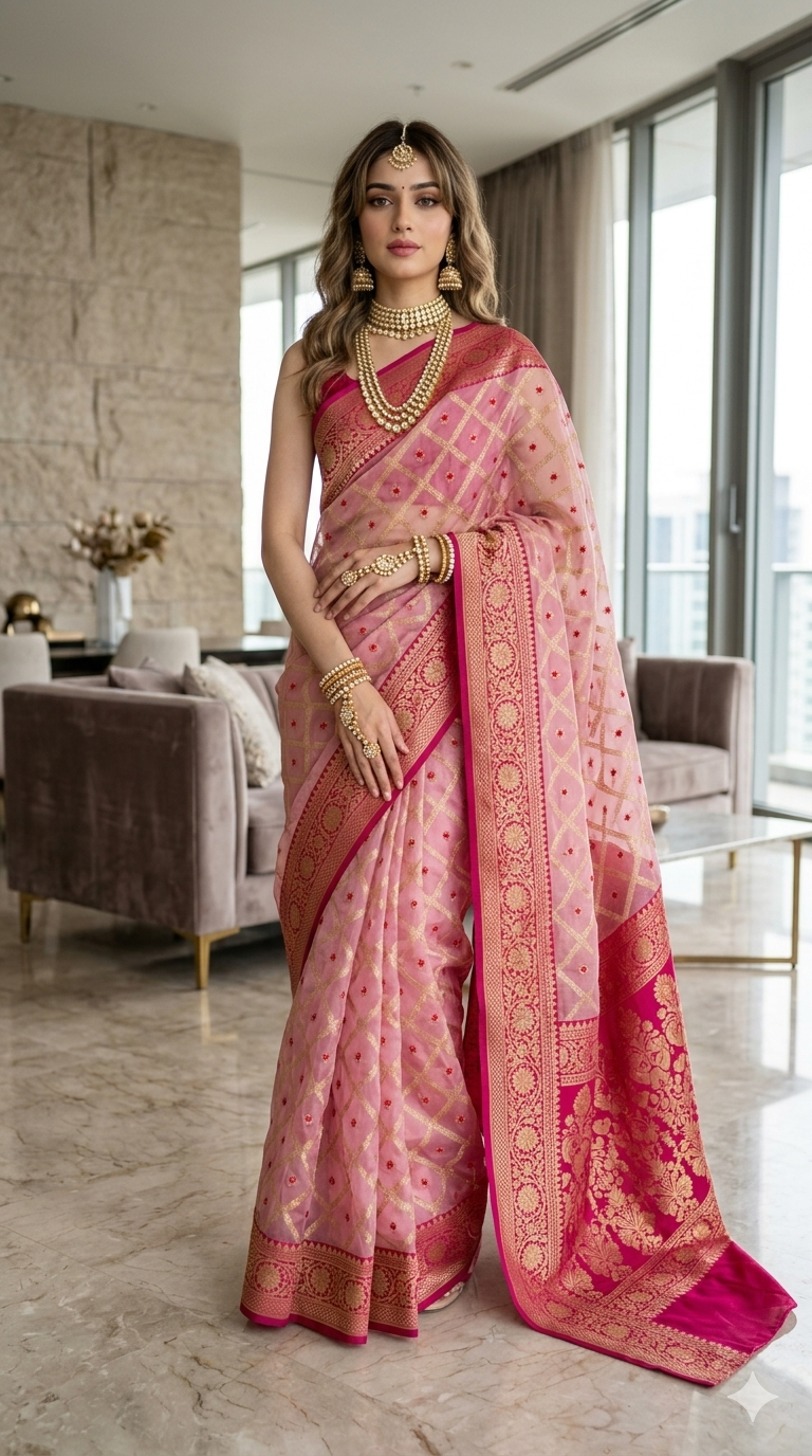 Blush Lattice Luxe Saree