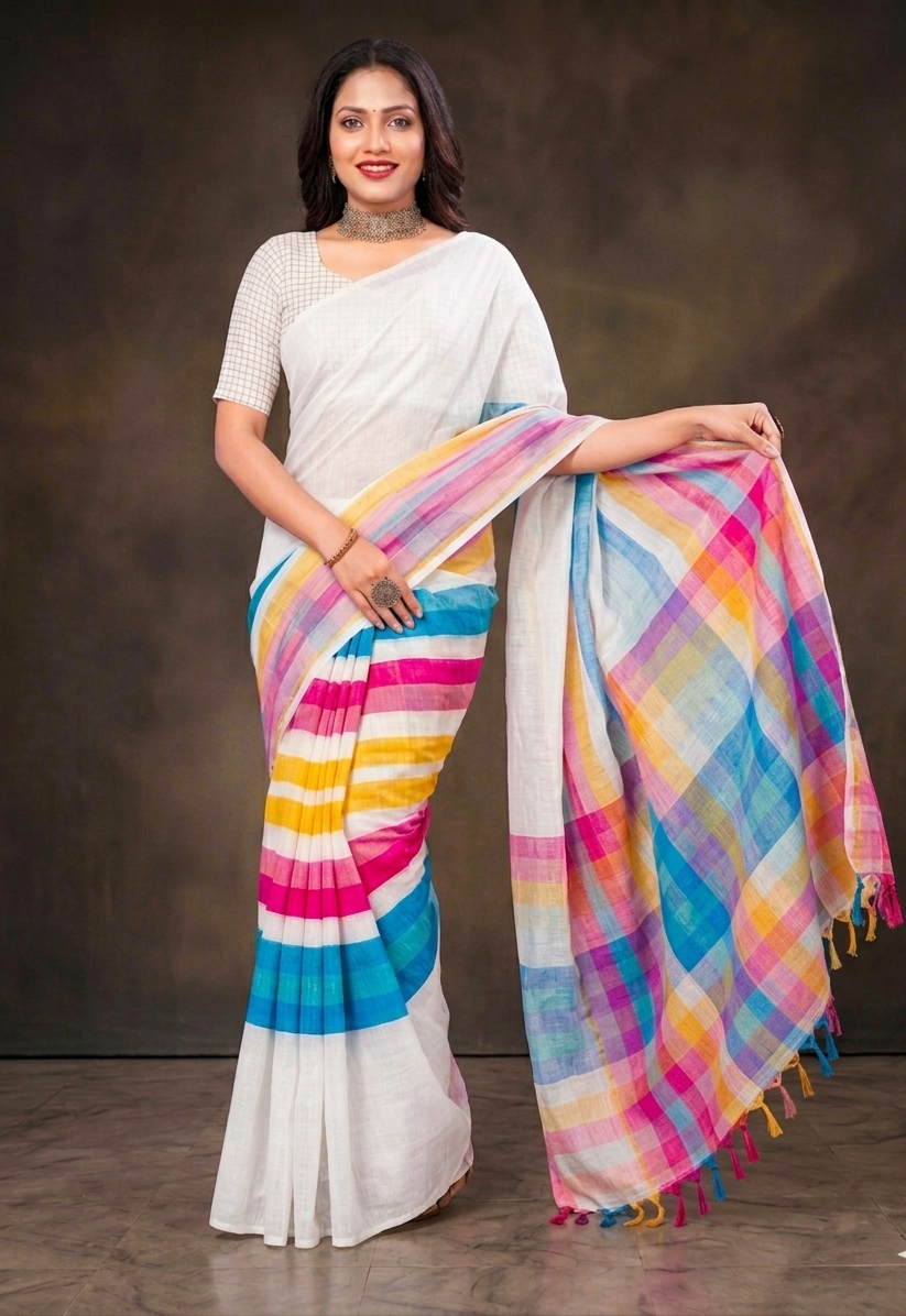 White Rainbow Cotton Saree