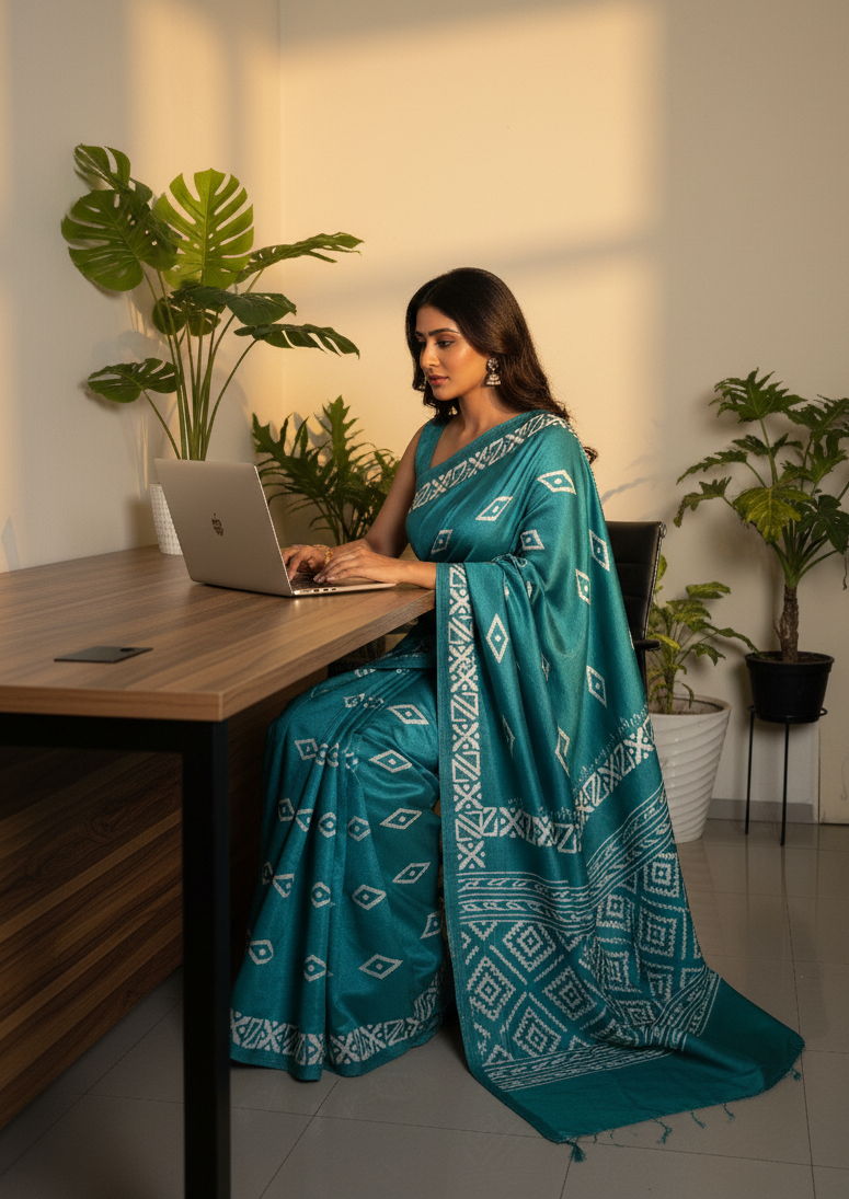 Teal Printed Dola Silk Corporate Saree