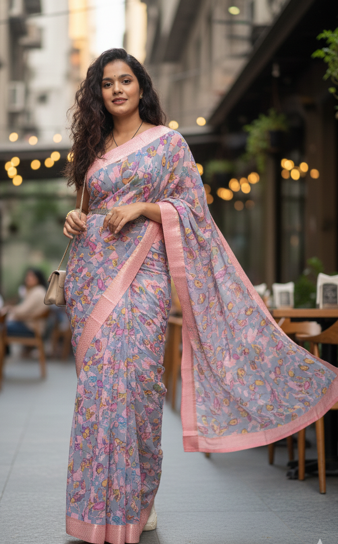 Pink Multicolor Printed Saree