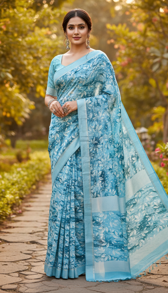 Sky blue leaf printed soft saree