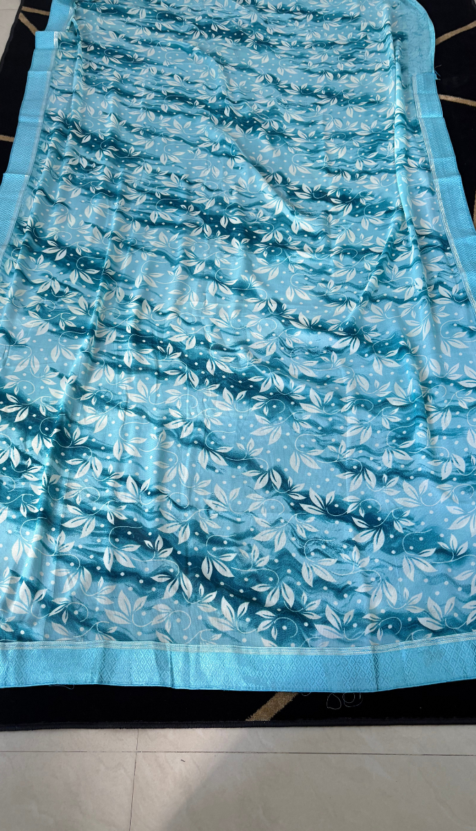 Sky blue leaf printed soft saree