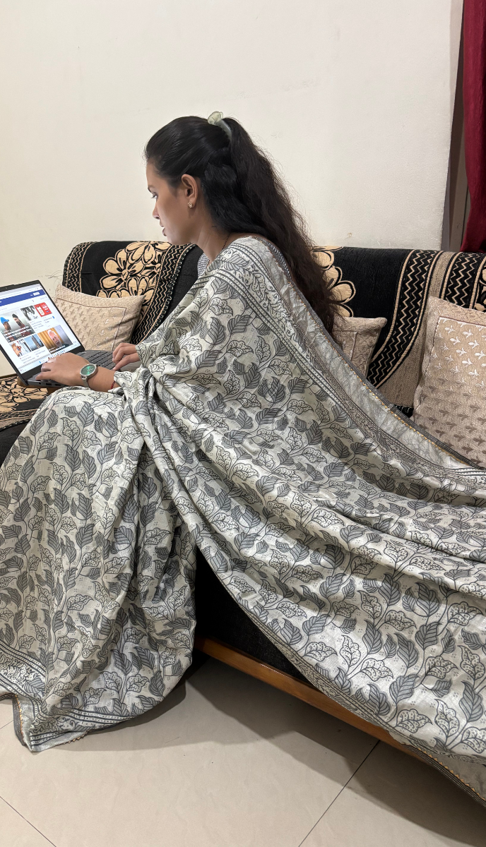 Grey Leaf Printed Semicotton Corporate Saree