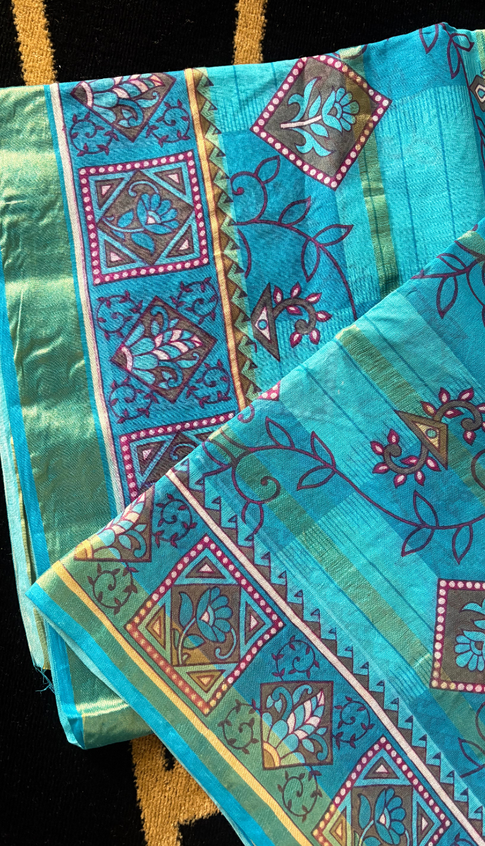 Sky blue printed cotton saree