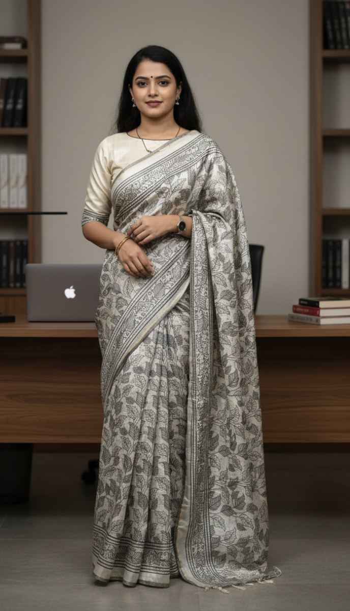 Grey Leaf Printed Semicotton Corporate Saree