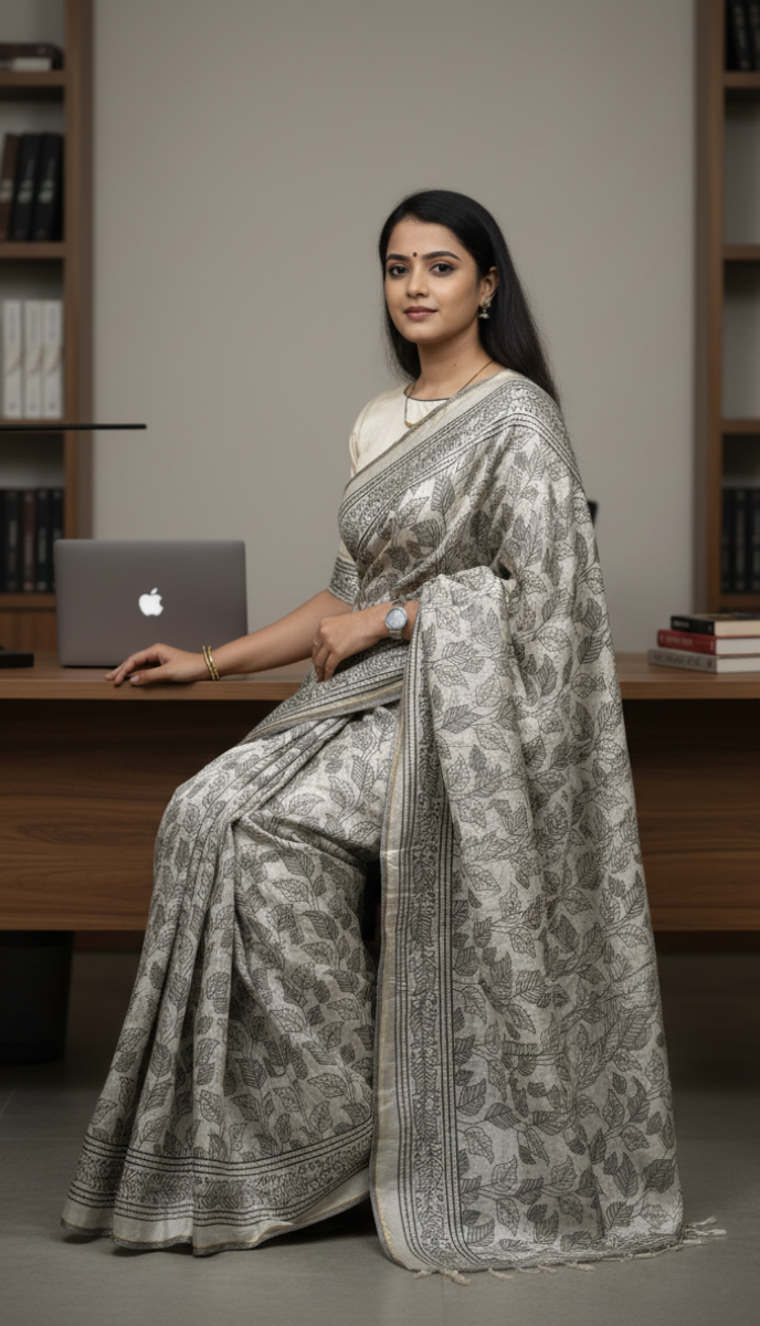 Grey Leaf Printed Semicotton Corporate Saree