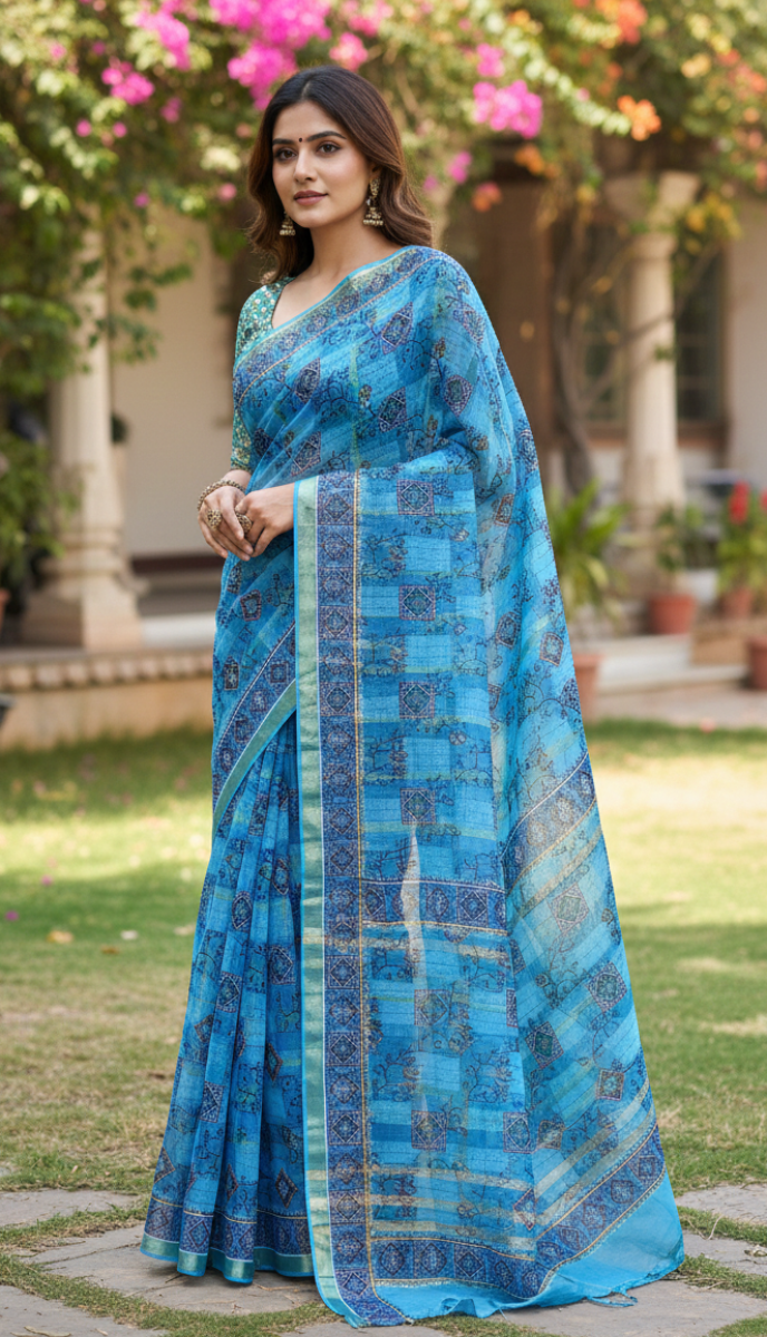 Sky blue printed cotton saree