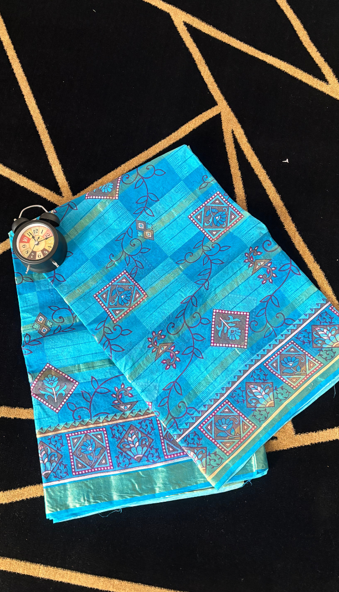 Sky blue printed cotton saree