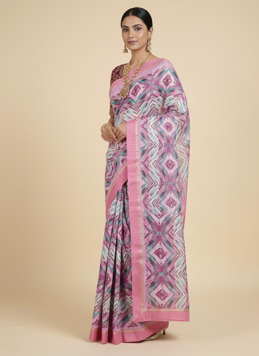 Light Pink block Printed Soft dola silk Saree
