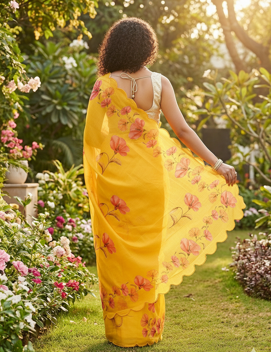 Yellow Floral Cotton Saree