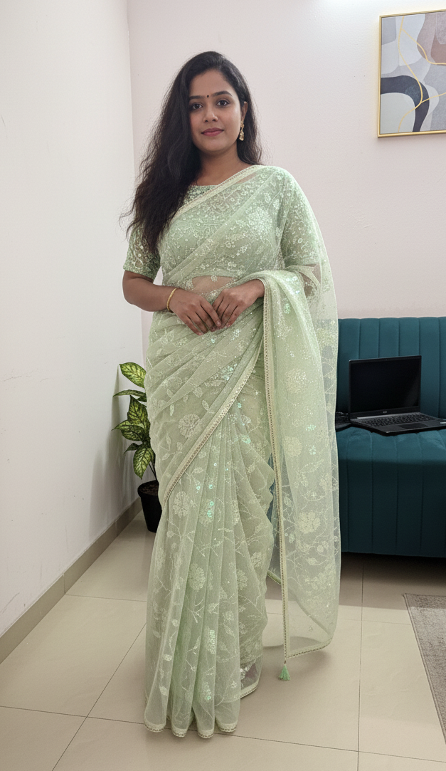 Light Green Sequin Party Wear Saree