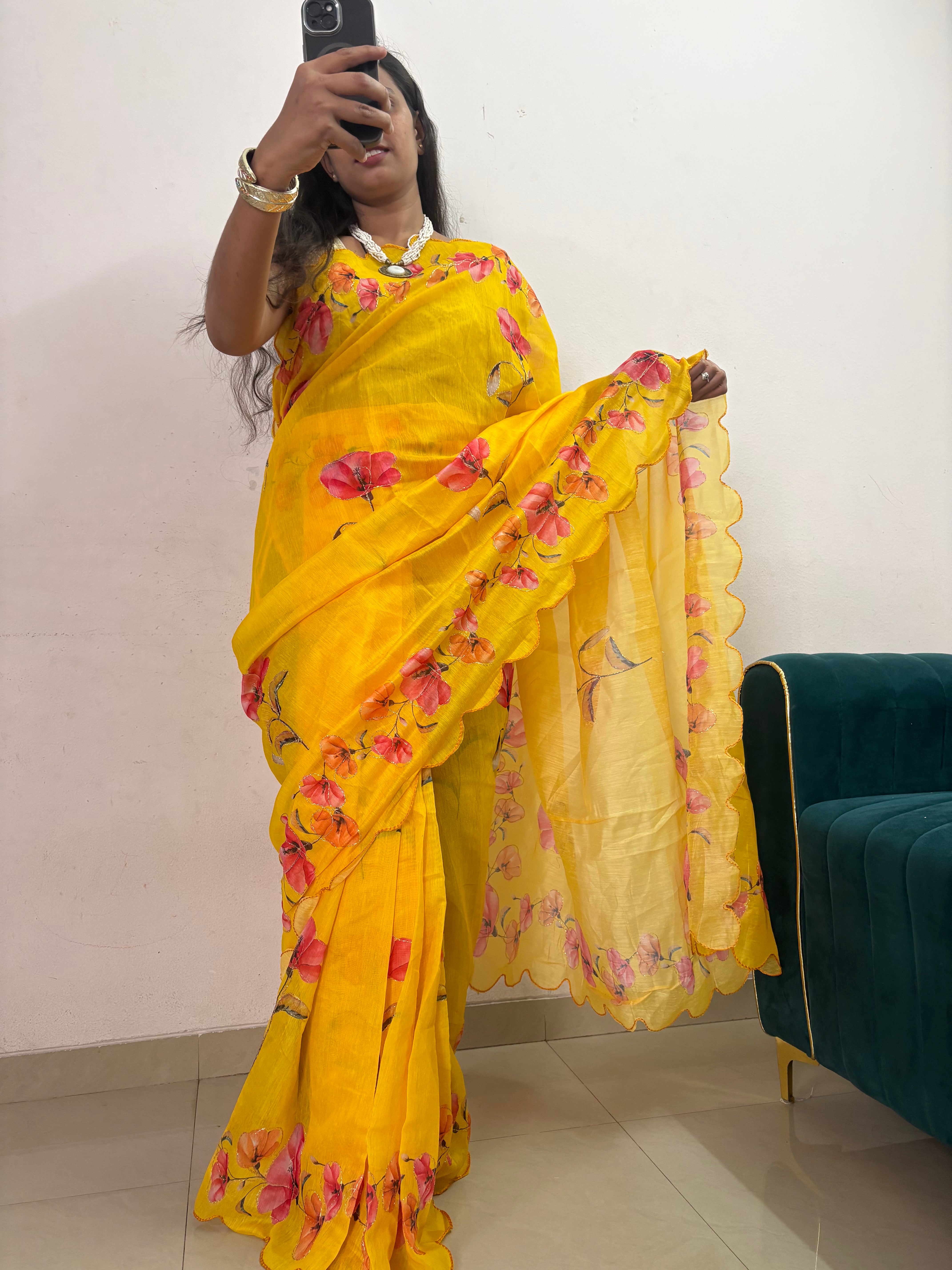 Yellow Floral Cotton Saree