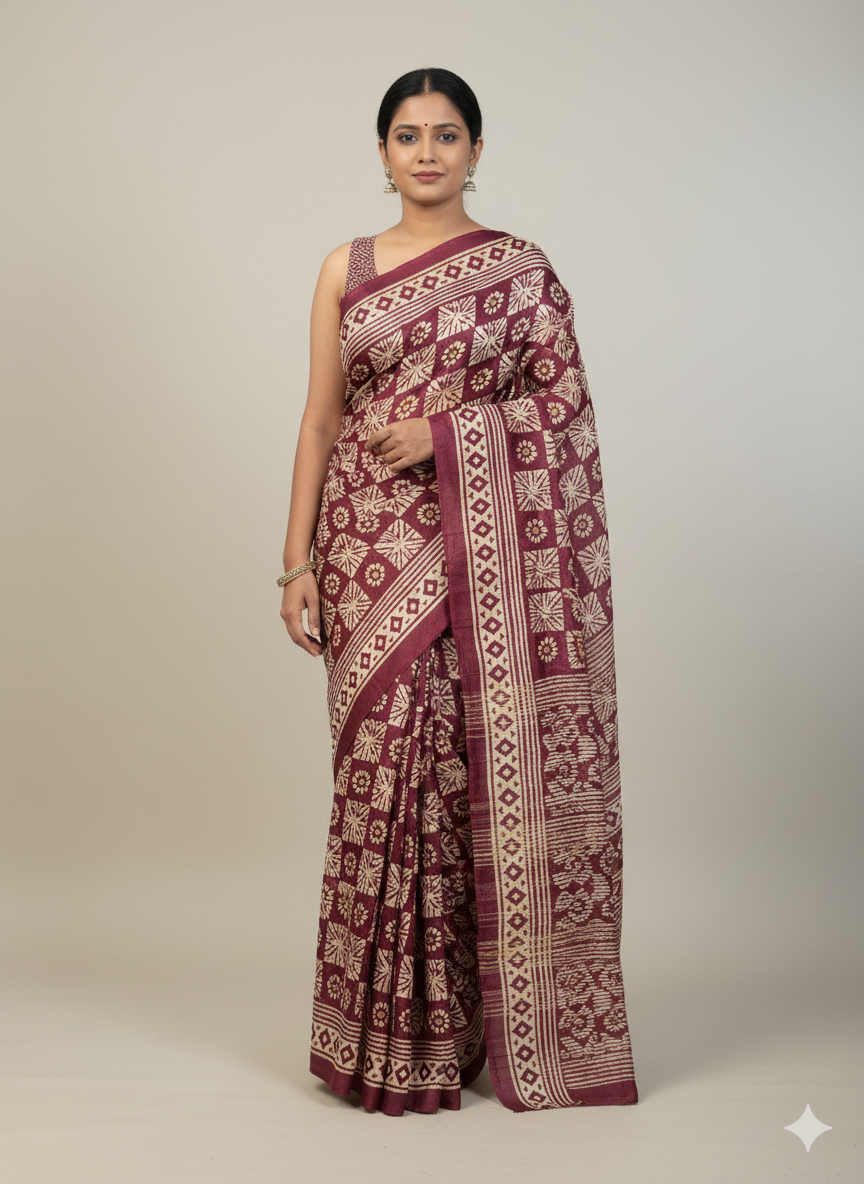 Everyday Ease Print Wine Saree – Stylish Comfort