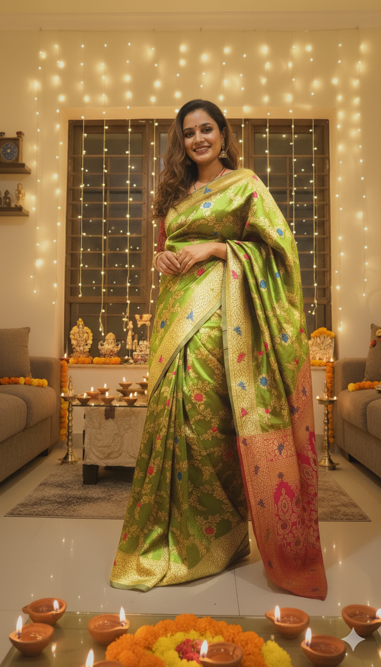Festive Silk Green Saree – Elegant Celebration Wear