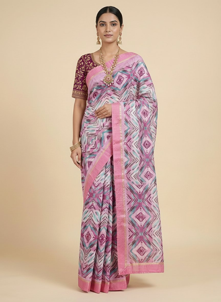 Light Pink block Printed Soft dola silk Saree