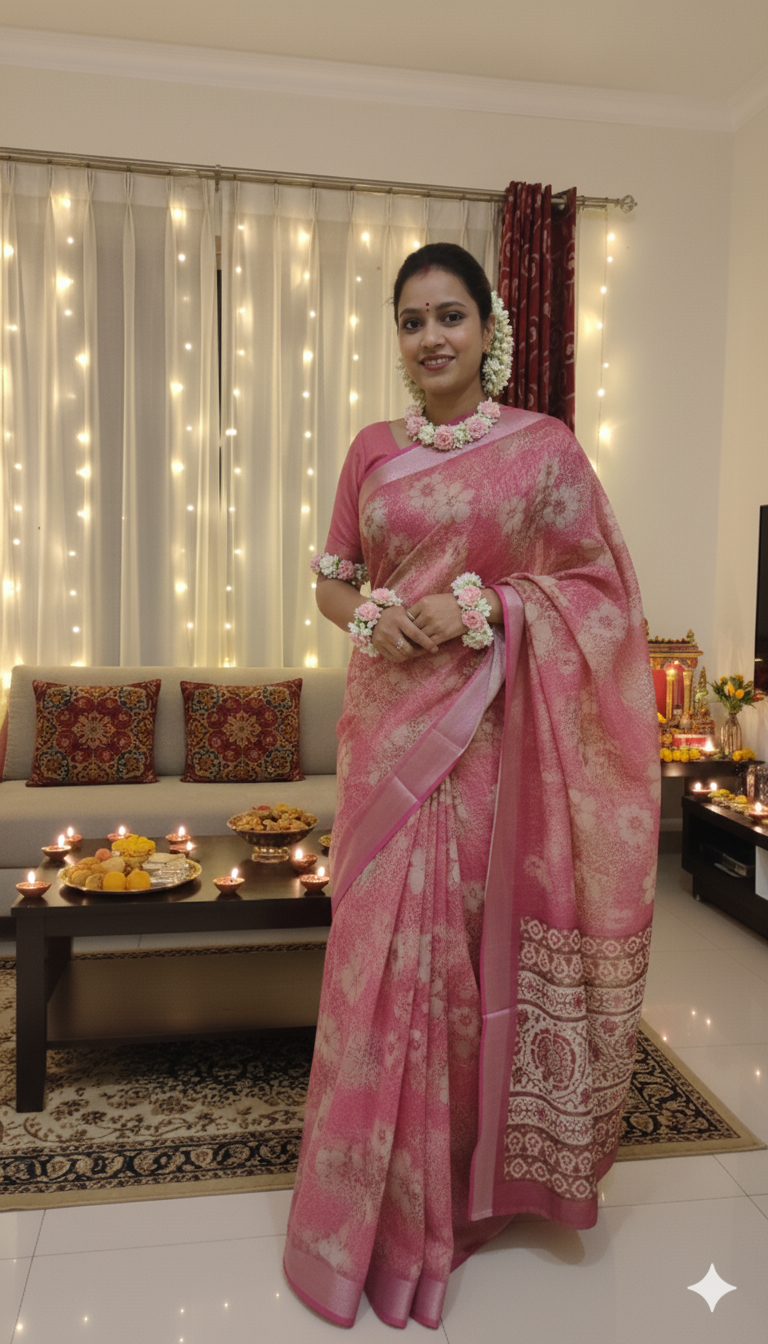 Floral Print Organza Saree – Dreamy Celebration Pink