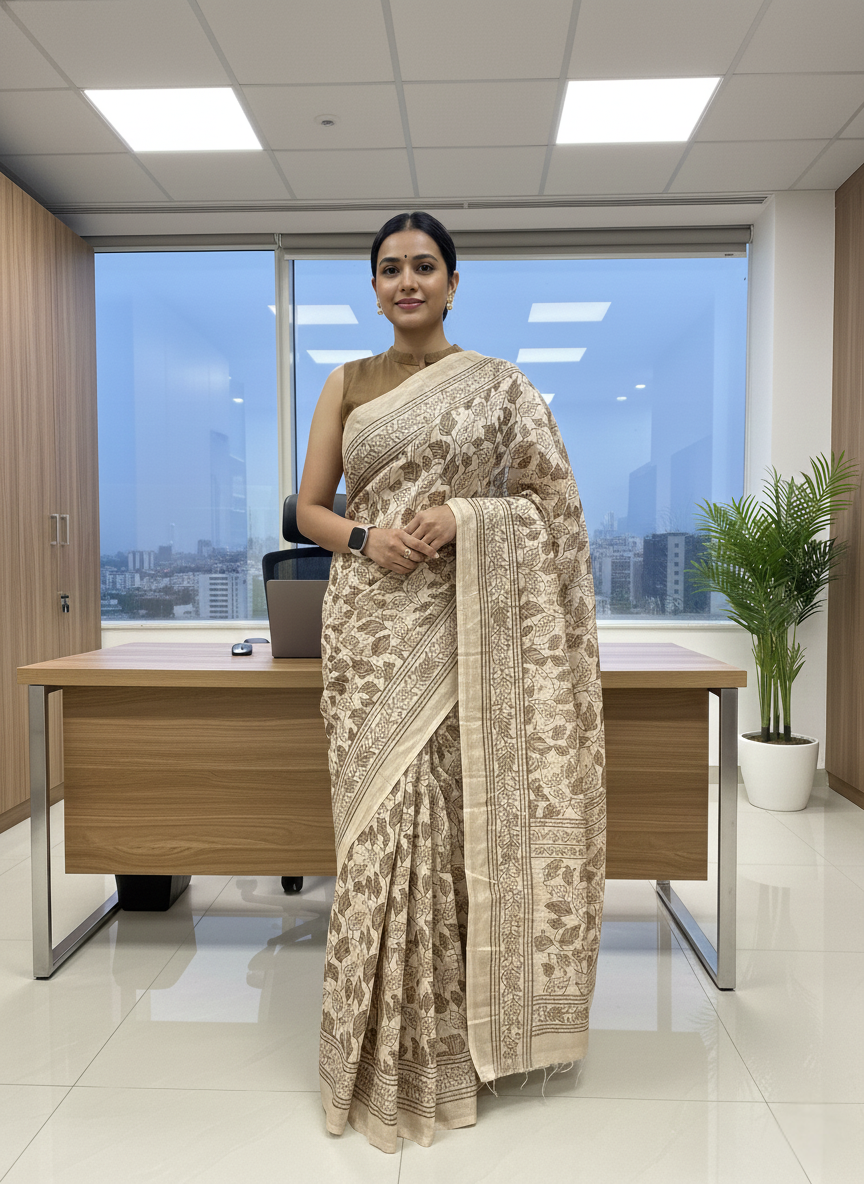 Coffee Leaf Printed Semicotton Corporate Saree