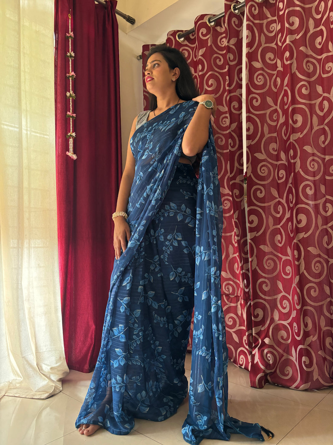 Navy Blue Printed Saree