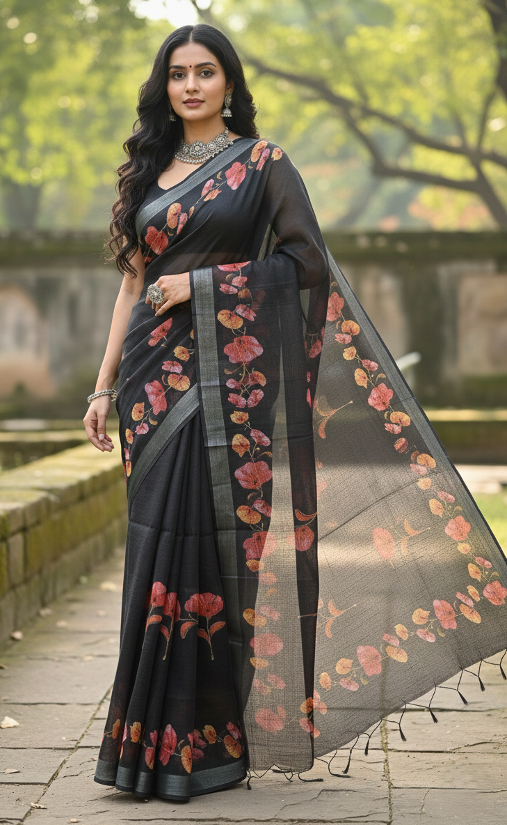 Black Floral Cotton Saree