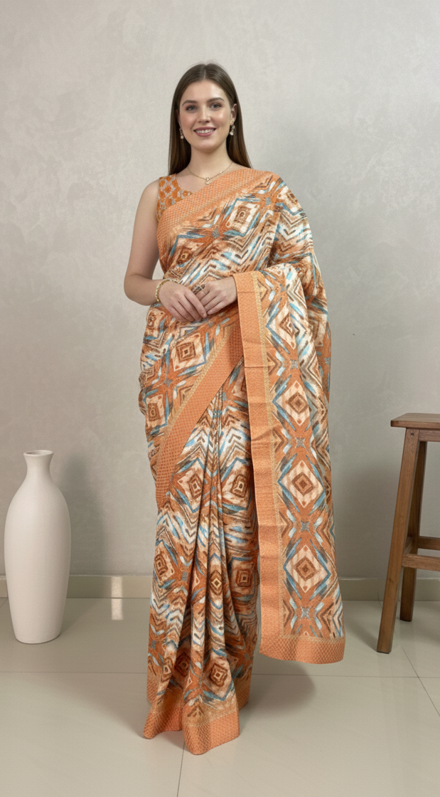 Orange Block Printed Dola Silk Saree
