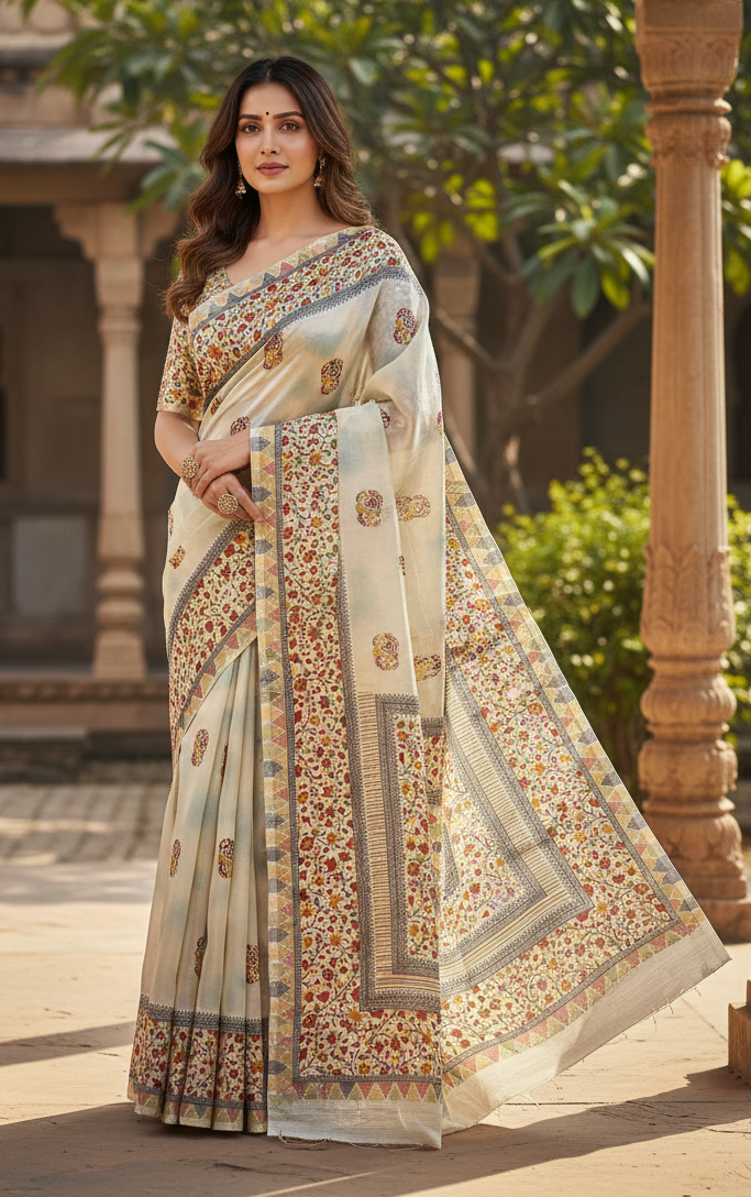 Cream Multicolor Printed Saree