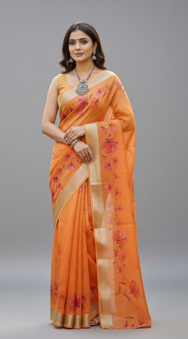 Orange Floral Cotton Saree
