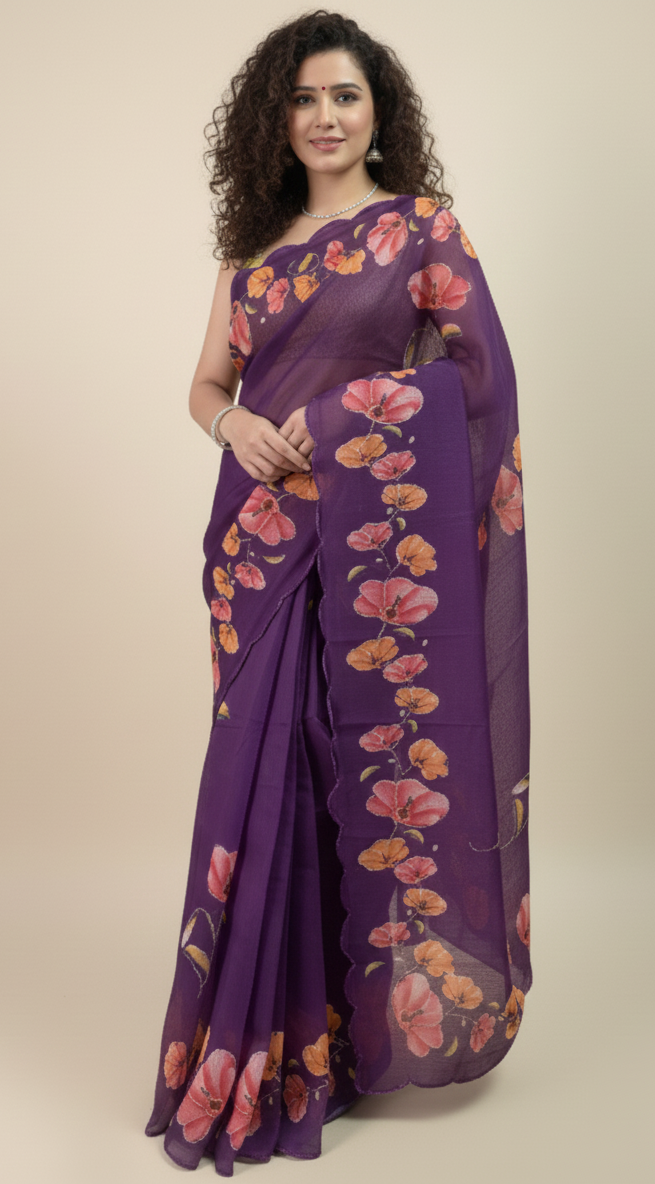 Purple Floral Cotton Saree