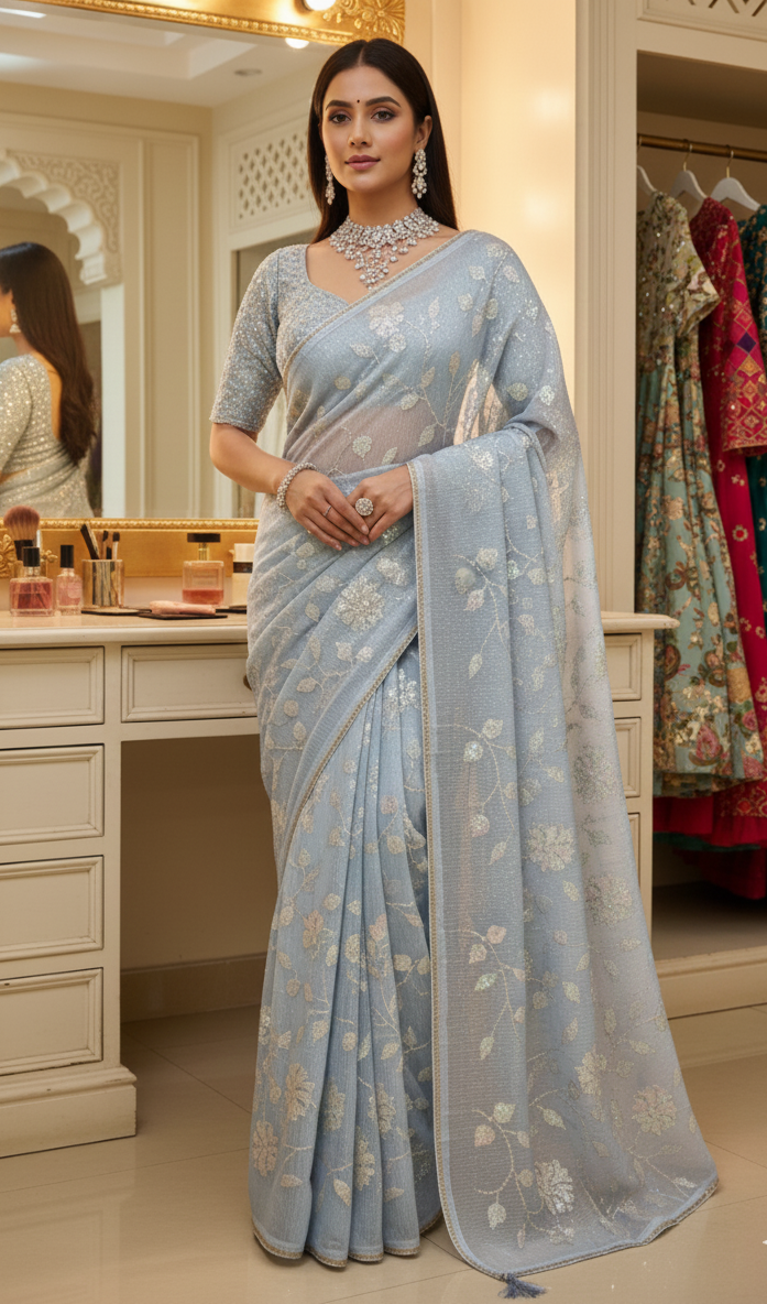 Light Blue Sequin Party Wear Saree