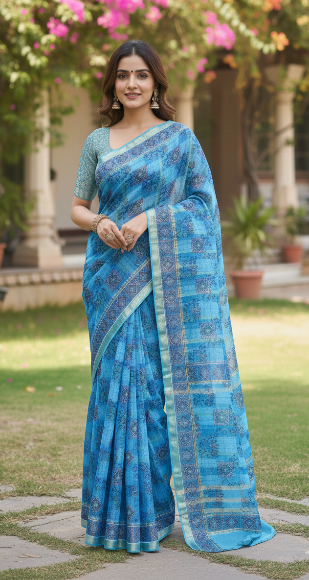 Sky blue printed cotton saree