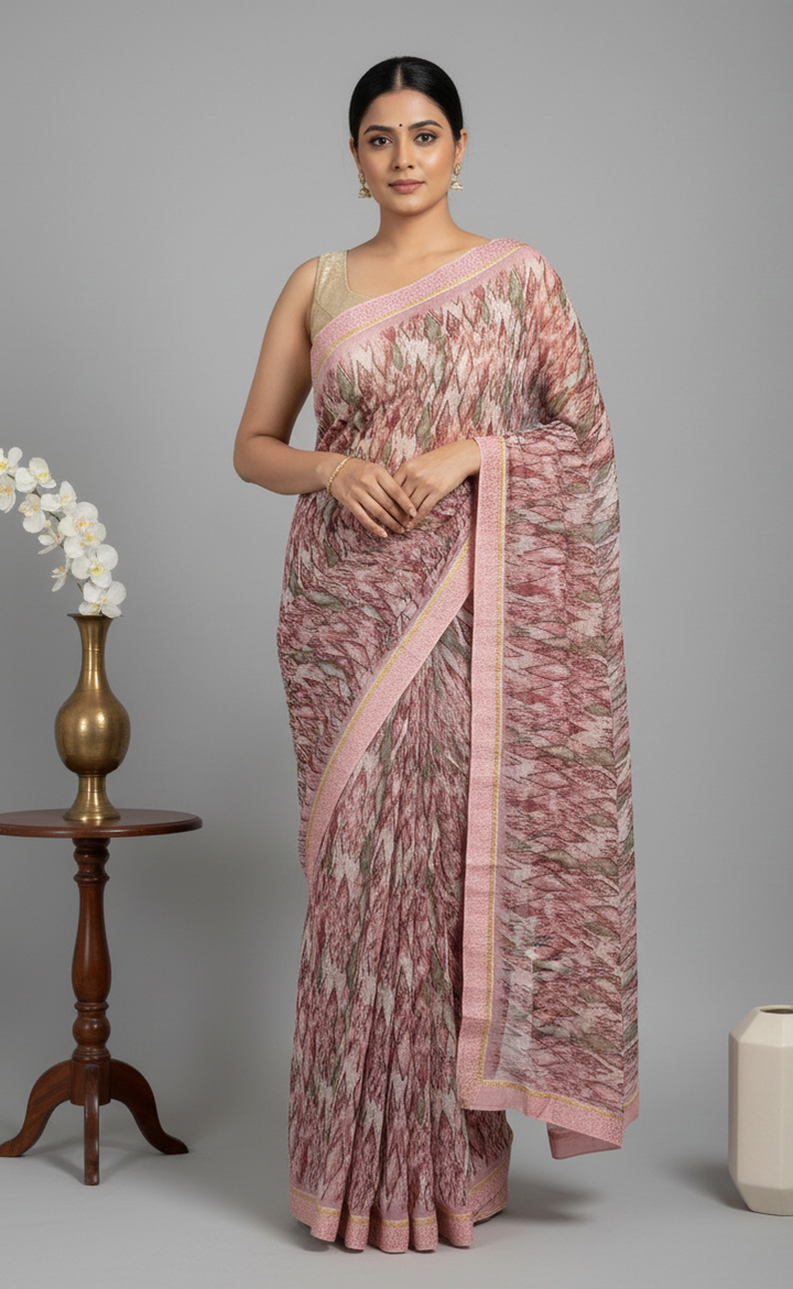 Pink Printed Synthetic Saree