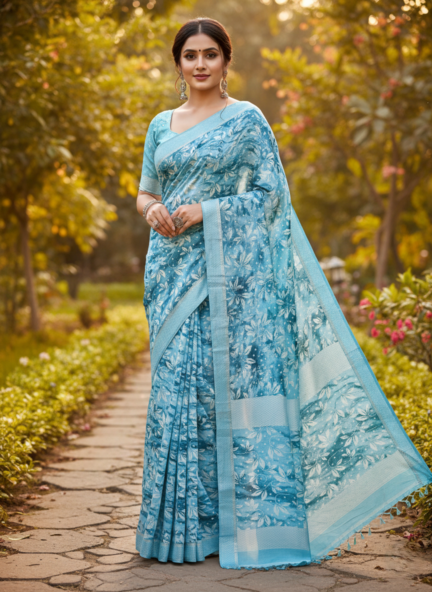 Sky blue leaf printed soft saree