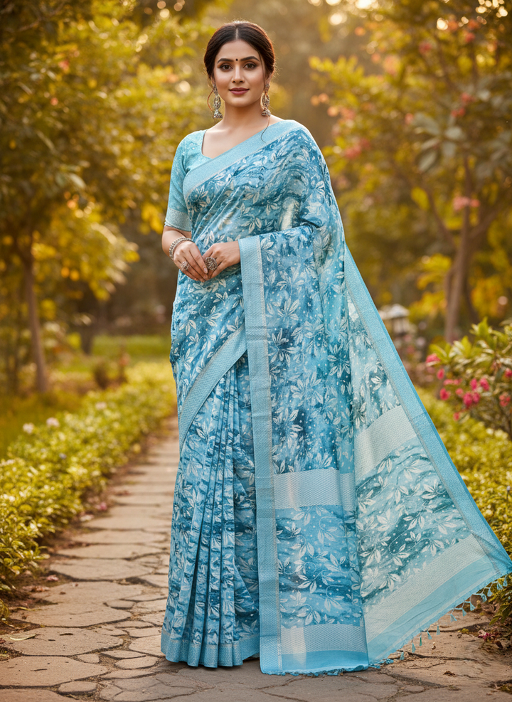 Sky blue leaf printed soft saree