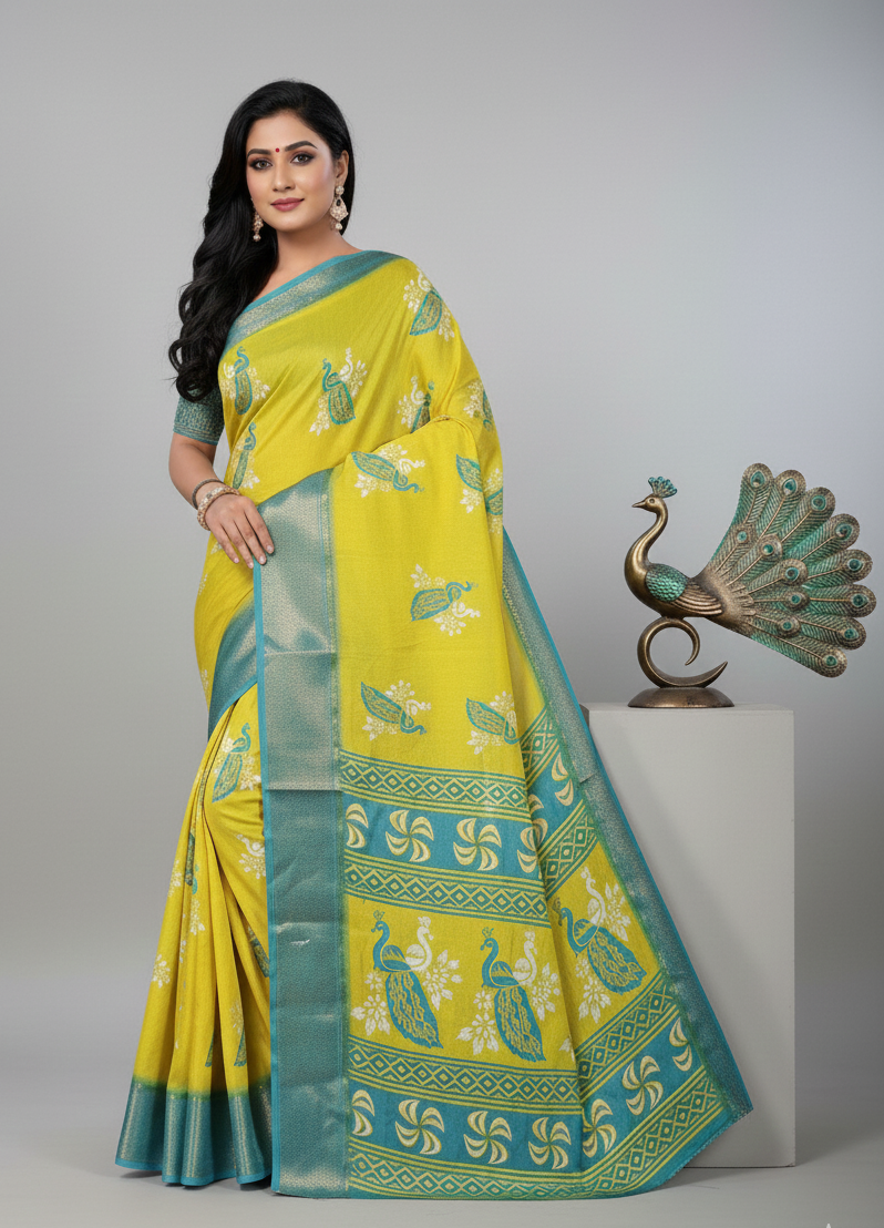 Lemon Yellow Sky Blue Peacock Printed dola silkSaree