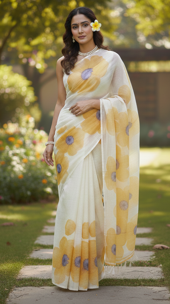 Cream big flowers Printed Saree