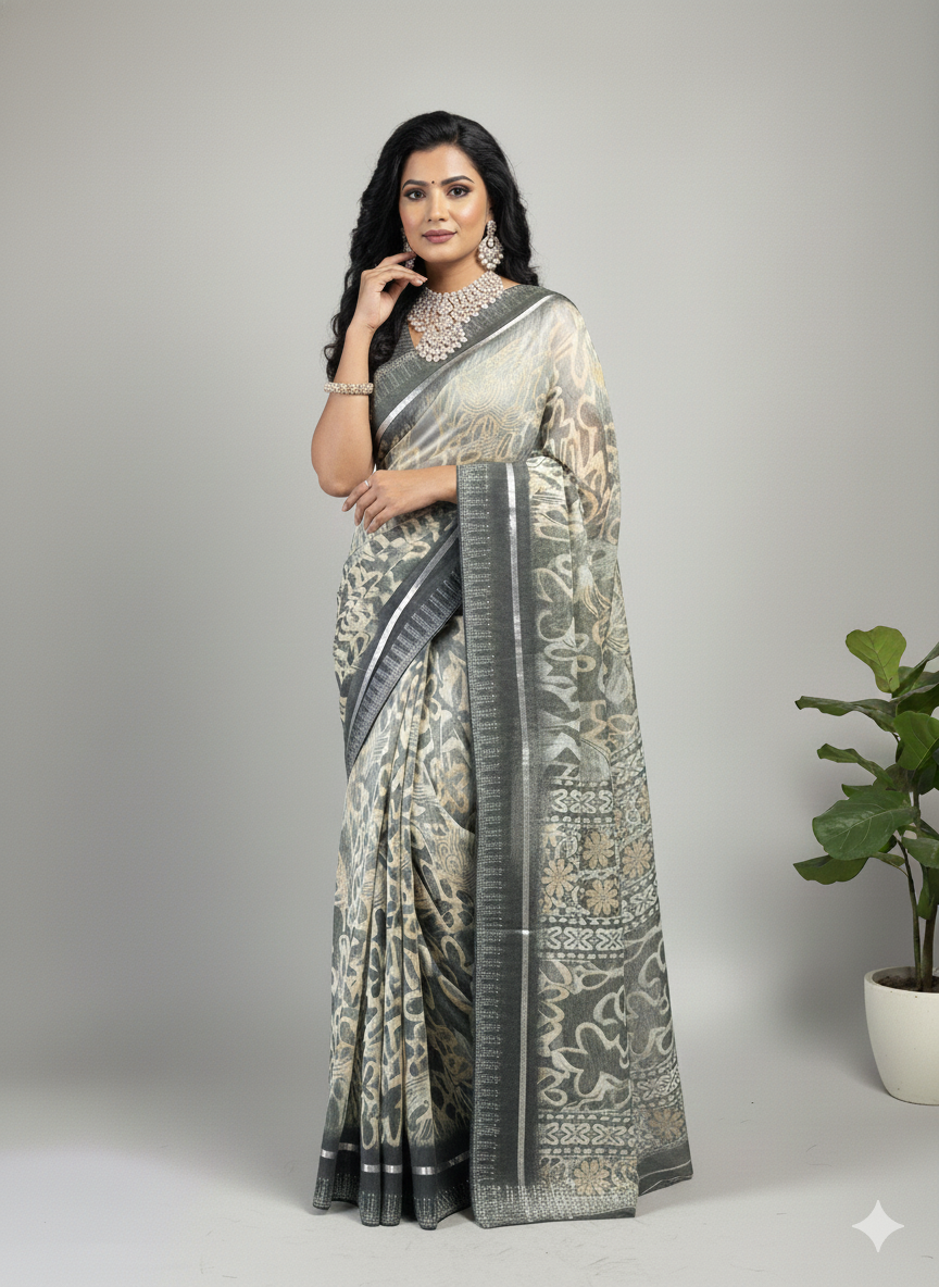 Grey Green Printed Linen Saree