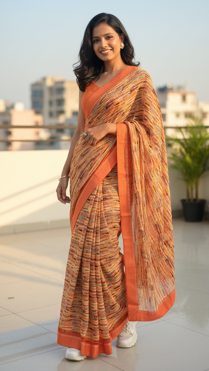 Orange Printed Soft Saree