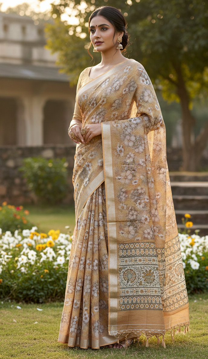 Yellow Floral Organza Net Saree