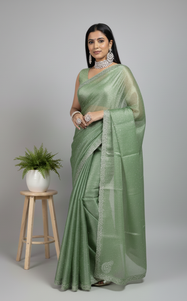 Green Tissue Party Wear Saree