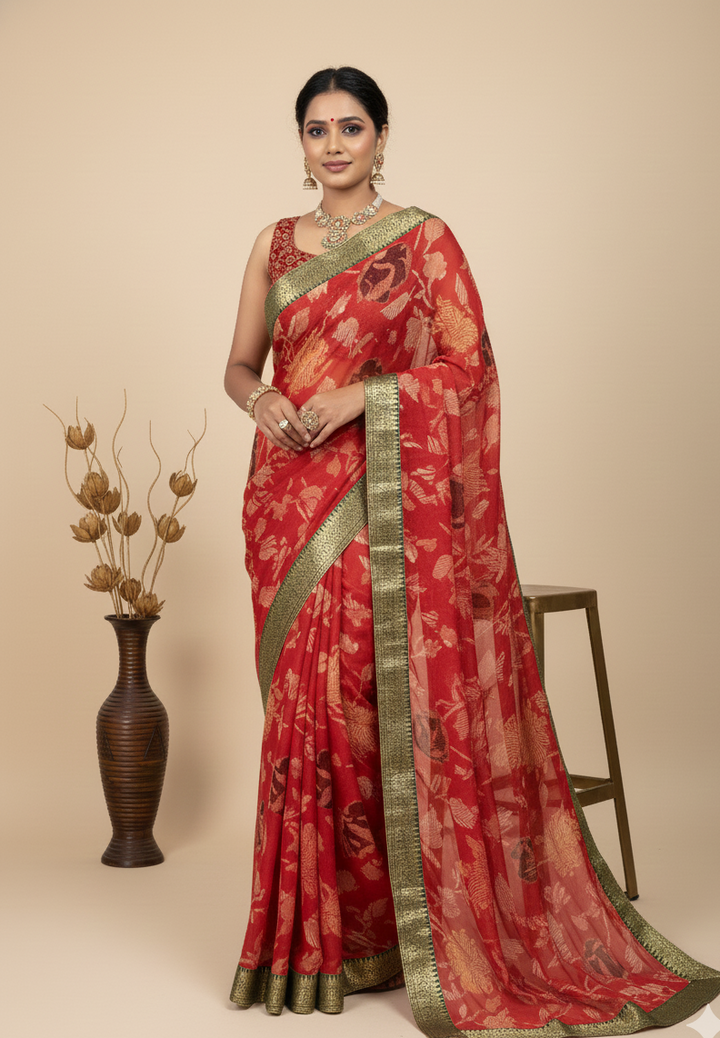 Red Printed Synthetic Saree