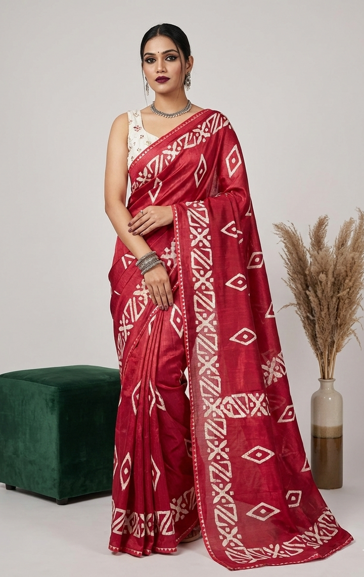 Red Printed Dola Silk Saree
