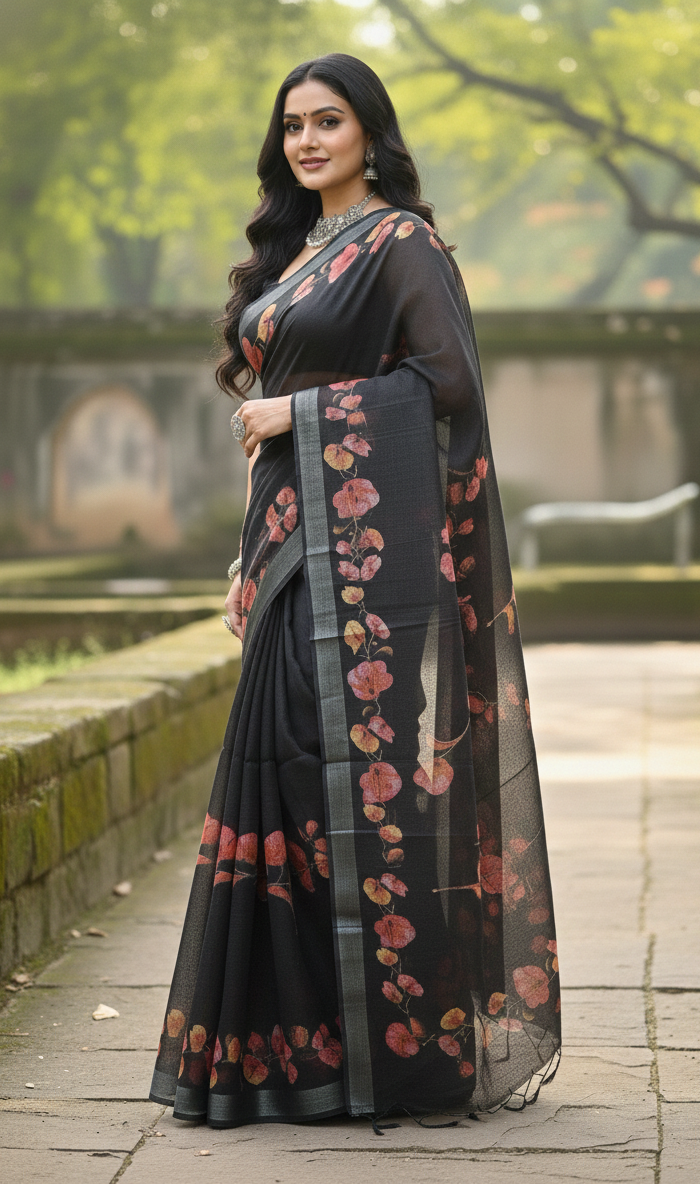 Black Floral Cotton Saree
