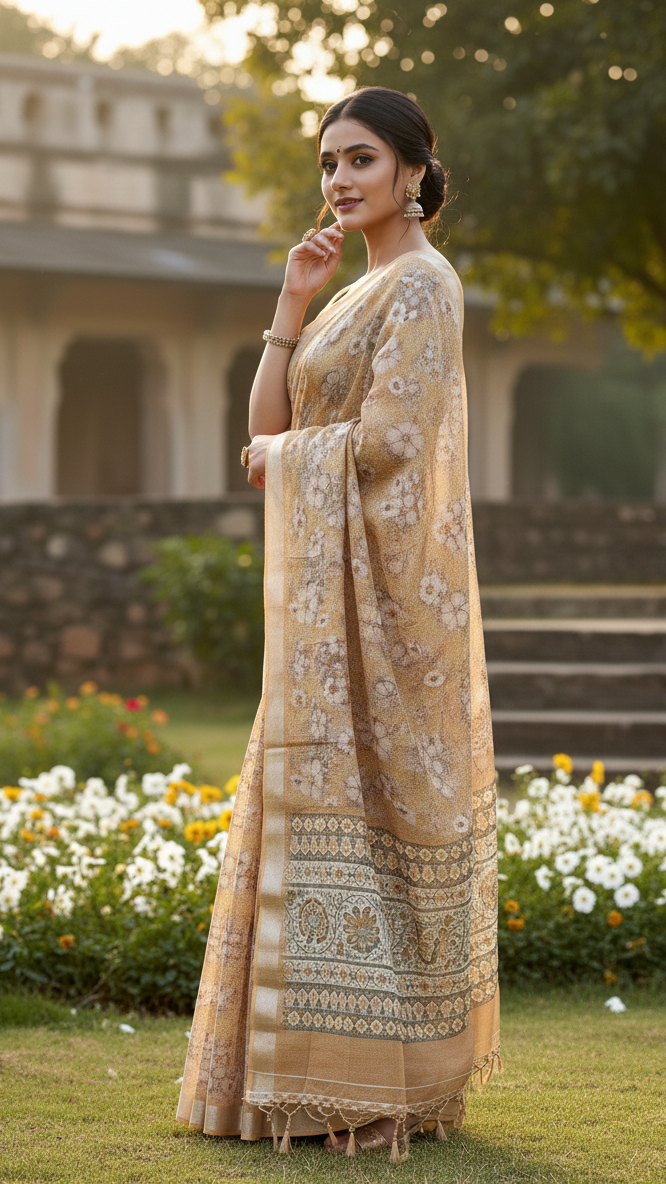 Yellow Floral Organza Net Saree
