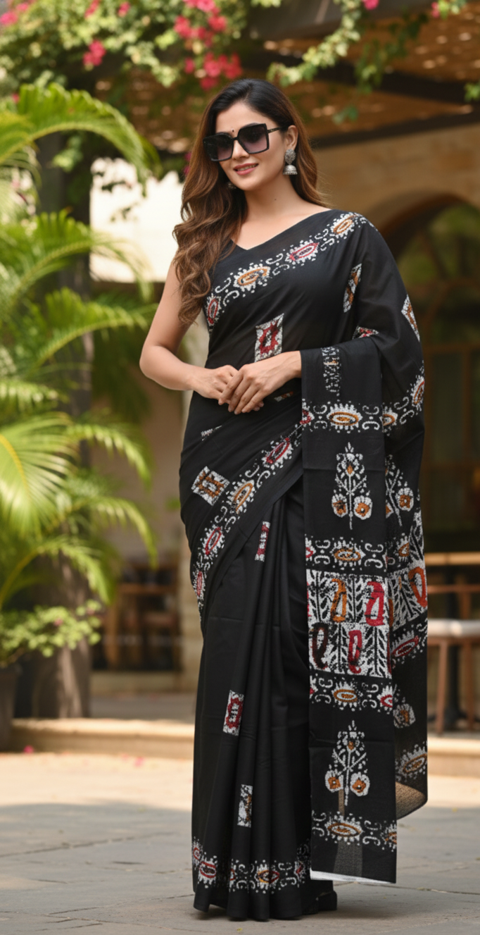Black Batik Printed Cotton Mulmul Saree