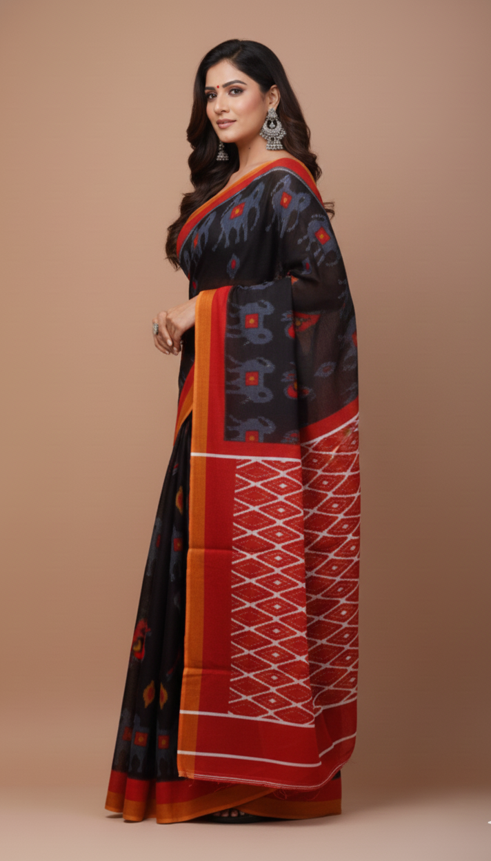 Black Printed Cotton Mulmul Saree