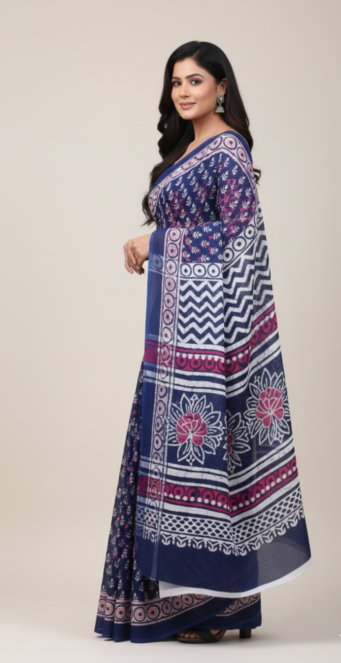 Pink Green Floral Printed Cotton Mulmul Saree