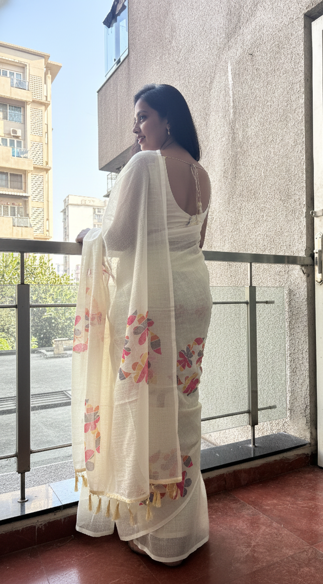 Cream Floral Cotton Saree